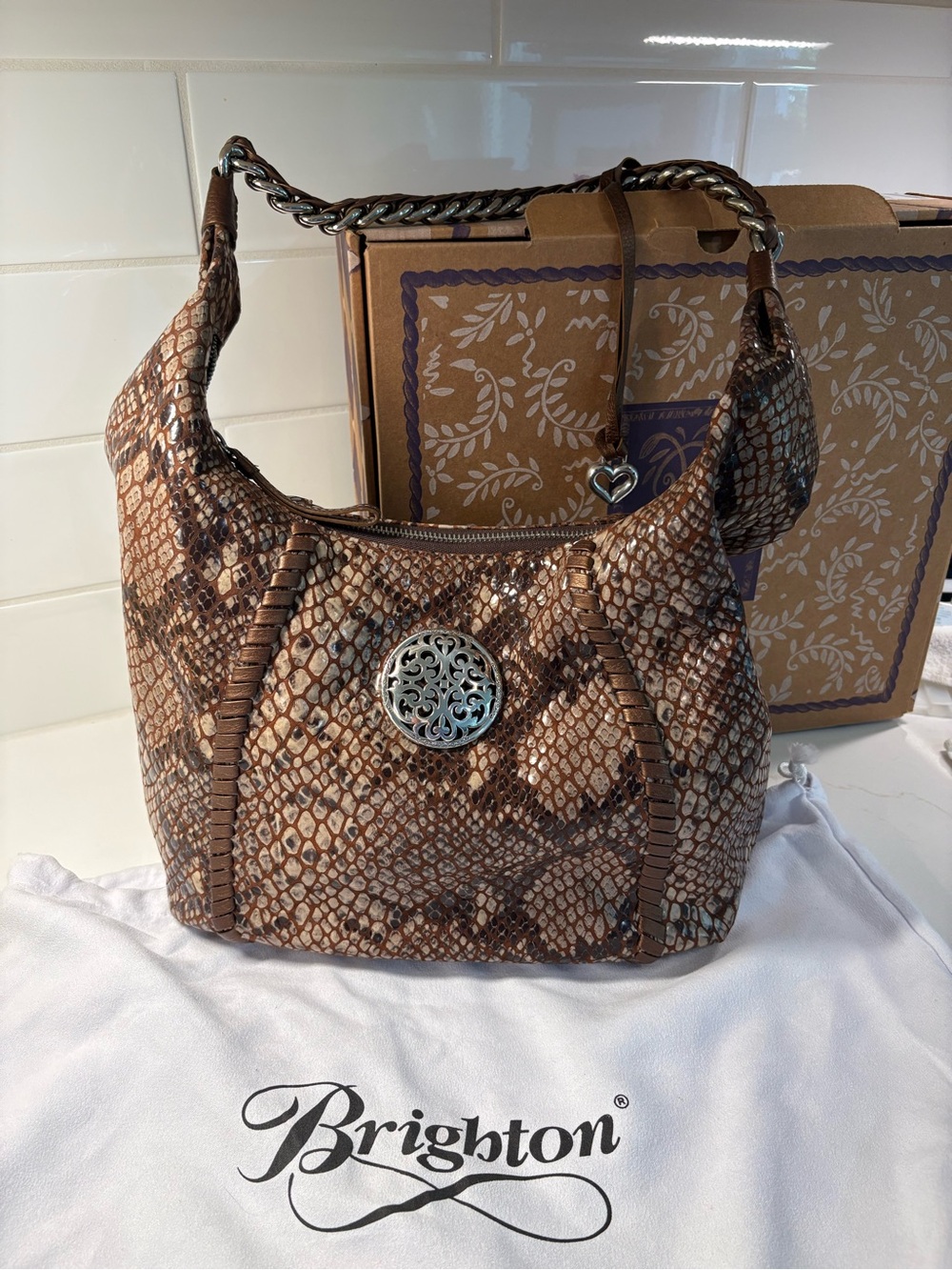 Brighton Nora Python Hobo Bag with Bronze Leather and Silver Hardware.